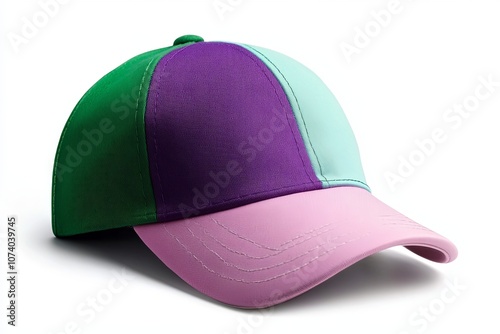 Colorful baseball cap featuring multiple vibrant colors on a white background, showcasing a unique design and pattern photo