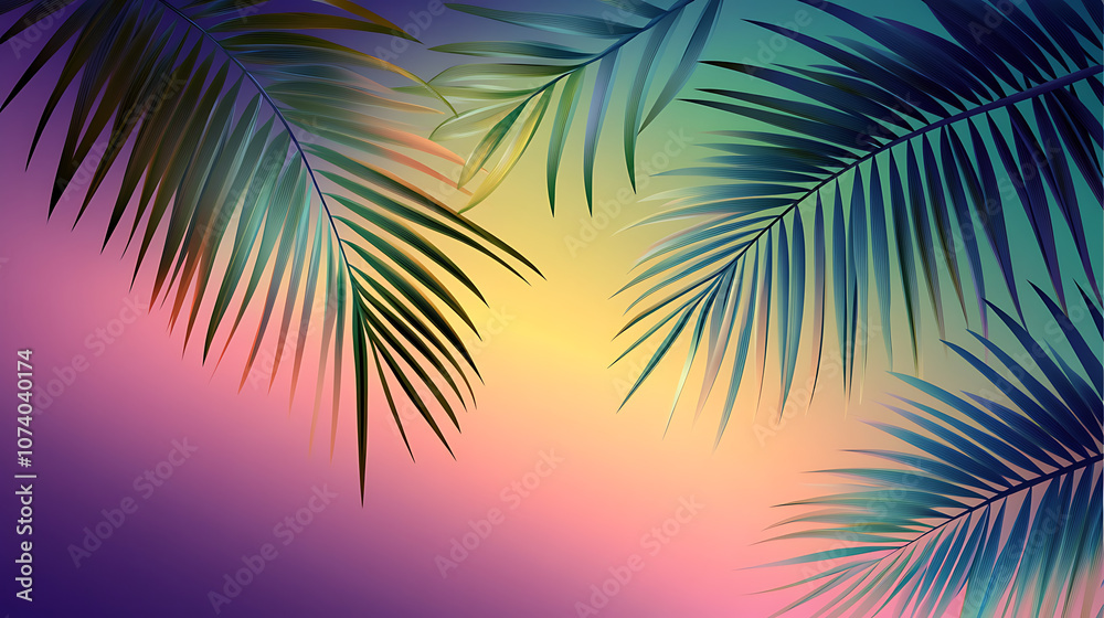 A simple vector illustration of tropical palm leaves on an abstract gradient background, creating a serene and refreshing feel A simple vector illustration of tropical palm leaves on an abstract gradient background, creating a serene and refreshing feel