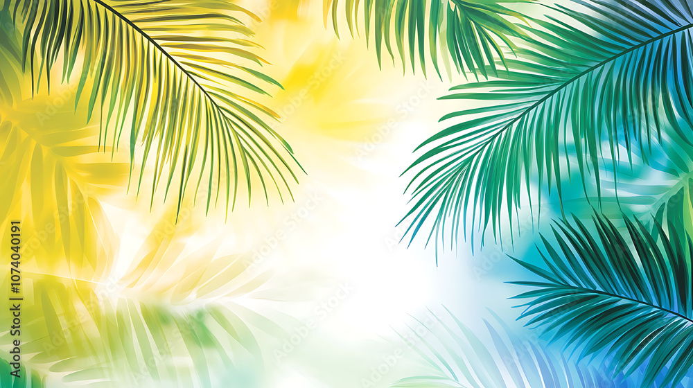 Fototapeta premium A simple vector illustration of tropical palm leaves on an abstract gradient background, creating a serene and refreshing feel