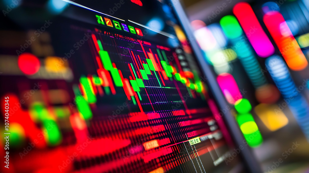 A stock market graph with red and green colors, blurred background, blurred foreground A colorful stock candlestick chart is displayed on the screen of an online trading platform A stock market graph with red and green colors, blurred background, blurred foreground A colorful stock candlestick chart is displayed on the screen of an online trading platform