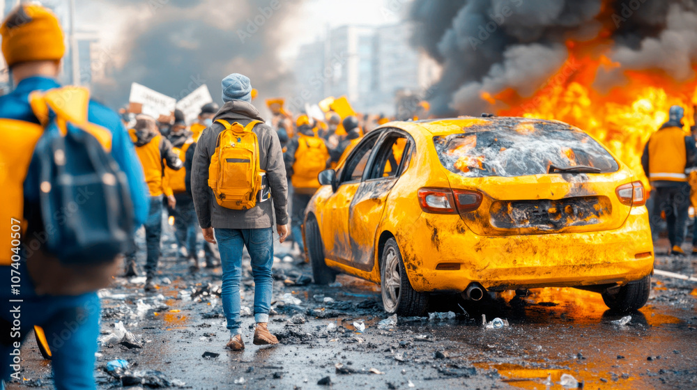 Fototapeta premium Protestors, rioters starting fires and causing massive damage