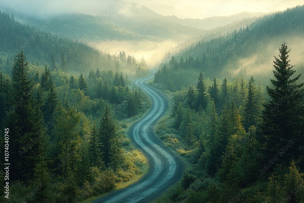 Winding Road Through Misty Mountain Forest Winding Road Through Misty Mountain Forest