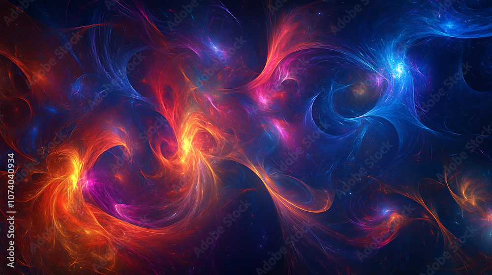 A vibrant and colorful abstract background with stars, galaxies, nebulae, and bokeh lights in shades of blue, purple, red, and orange A vibrant and colorful abstract background with stars, galaxies, nebulae, and bokeh lights in shades of blue, purple, red, and orange