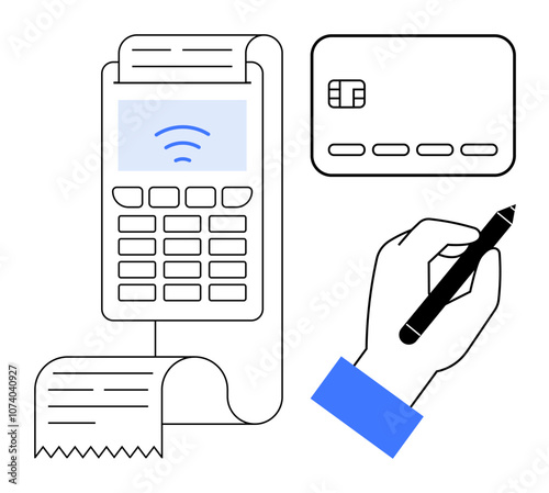 Payment terminal with paper receipt, credit card and hand holding pen signing. Ideal for banking, retail, finance, e-commerce, technology, business transactions shopping. Line metaphor