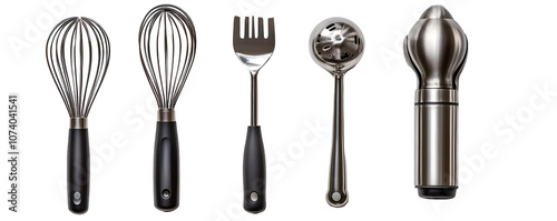 A set of five kitchen utensils, including two whisks, a fork, an ice cream scoop, and a citrus juicer, arranged in a row on a white background, isolated and ready for use.