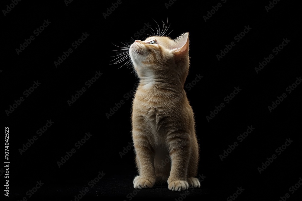 Obraz premium the beside view baby Scottish Fold cat standing, left side view, low angle, white copy space on right, Isolated on black Background