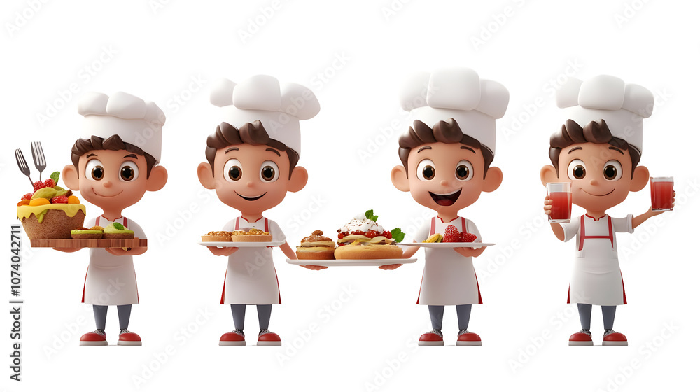 Four 3D cartoon chef boys are holding different types of pastries and a glass of juice in their hands, isolated from the background. Transparent background PNG. Four 3D cartoon chef boys are holding different types of pastries and a glass of juice in their hands, isolated from the background. Transparent background PNG.
