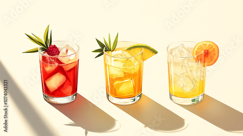 Three glasses of different tropical cocktails arranged on the right side, each with a minimal fruit garnish and ice cubes, casting long shadows against an off-white background