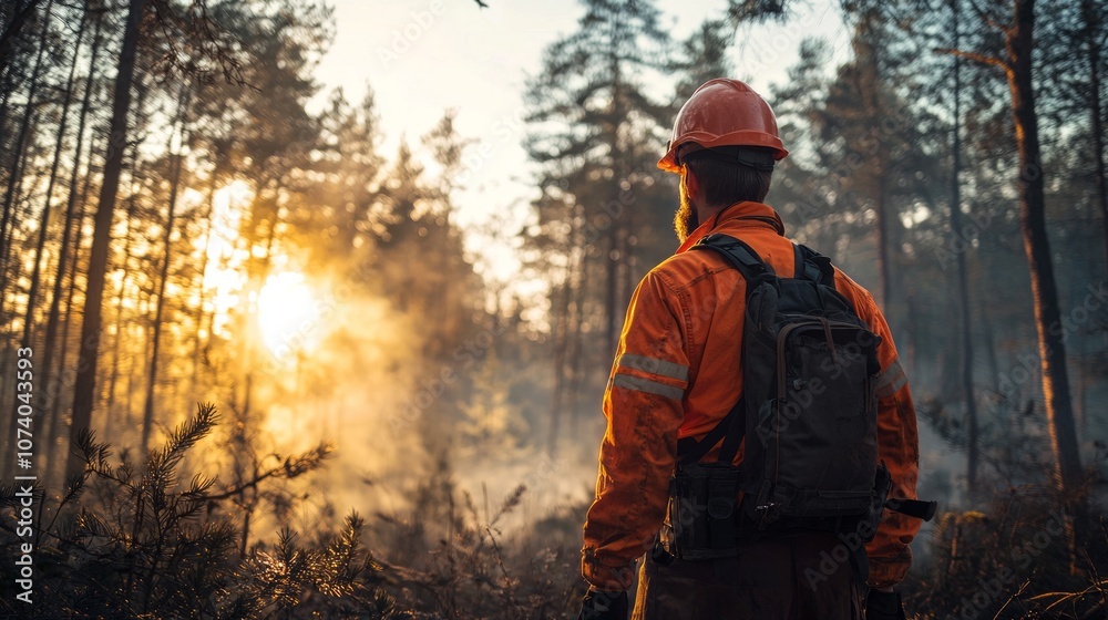 Forest Firefighter Facing Sunrise in Smoky Environment Forest Firefighter Facing Sunrise in Smoky Environment