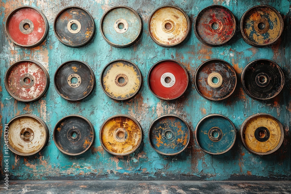 Fototapeta premium Circular Discs Arranged on a Distressed Teal Wall
