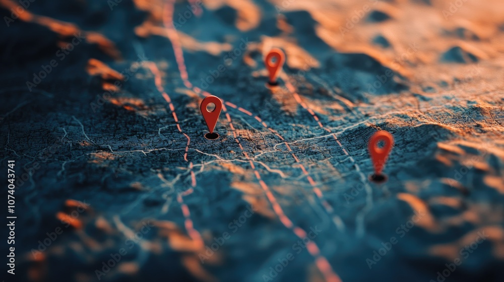 Close-up of a map with location pins and a red line connecting them. Close-up of a map with location pins and a red line connecting them.