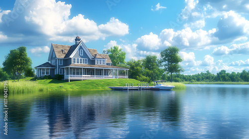 Beautiful lakefront home with dock and boat for summer A lake sits at the end of an island across from it on a sunny day with a blue sky and white clouds house on a grassy hill