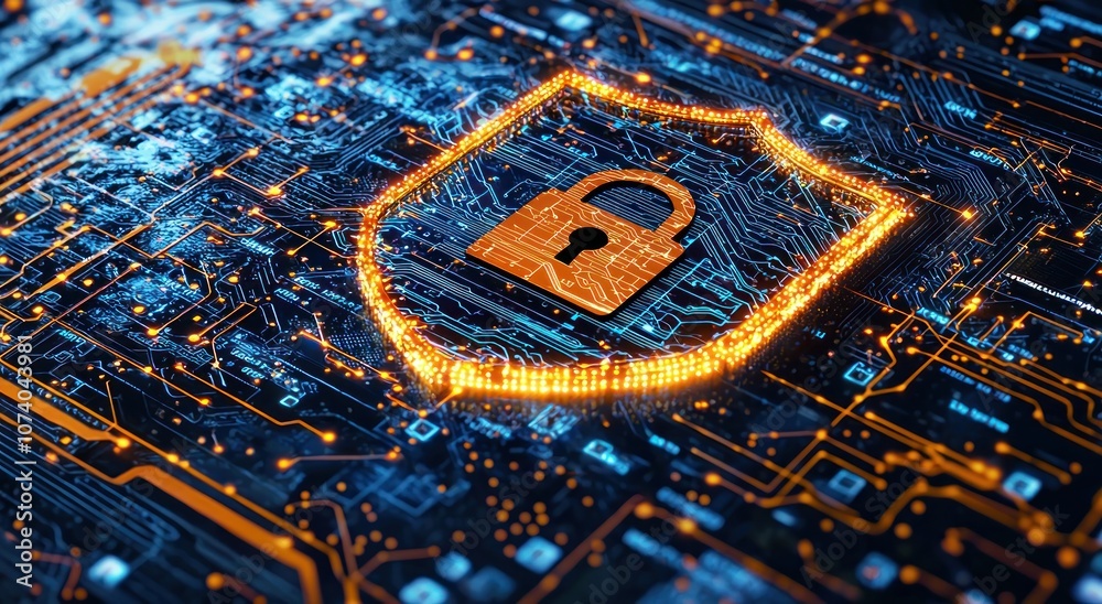 A glowing padlock symbol on a circuit board representing digital security. A glowing padlock symbol on a circuit board representing digital security.