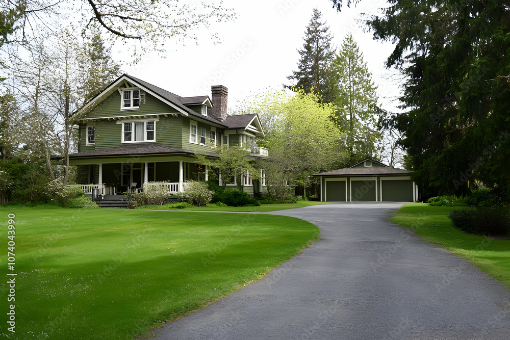 Neighborhood Real Estate Image - A large green house with a driveway and garage surrounded by trees and grass. Neighborhood Real Estate Image - A large green house with a driveway and garage surrounded by trees and grass.