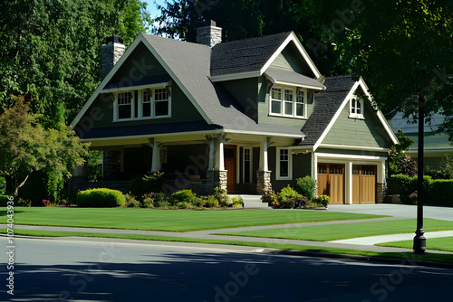 Neighborhood Real Estate Image - A charming green house with a well-maintained lawn and driveway in a suburban setting.