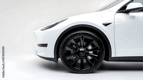 White background, white car with black rims The car is on the right side of the picture, with a close-up of the wheel and bodywork