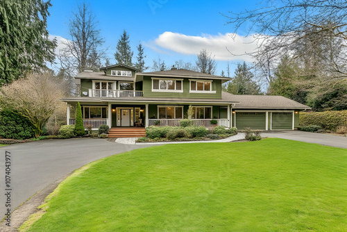 Neighborhood Real Estate Image - A beautiful green two-story house surrounded by trees and a well-maintained lawn.