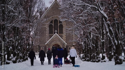 Vestre Gravlund, church in Oslo, Norway, winter day photo