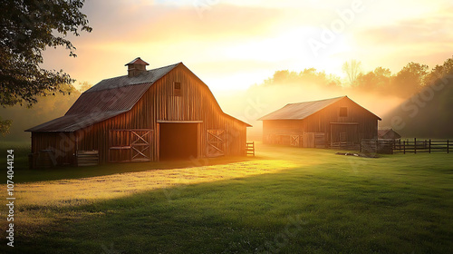 Beautiful rustic barnyard at sunrise: A brilliant golden sunrise illuminates the rustic wooden barns and casts long shadows into the mist