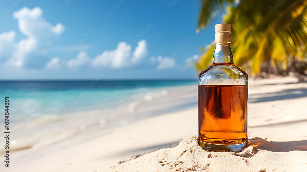 Bottle of rum on the sand near the shore Bottle of rum on the sand near the shore