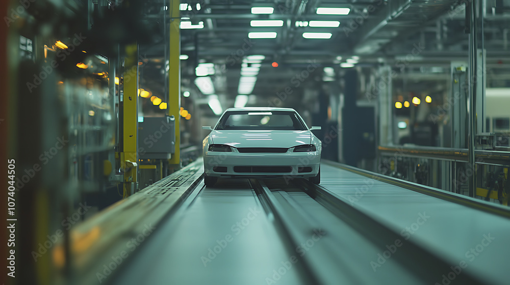Car factory assembly line, A white car body moves along a conveyor belt