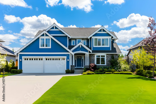 Neighborhood Real Estate Image - A beautiful blue house with a manicured lawn and clear skies.