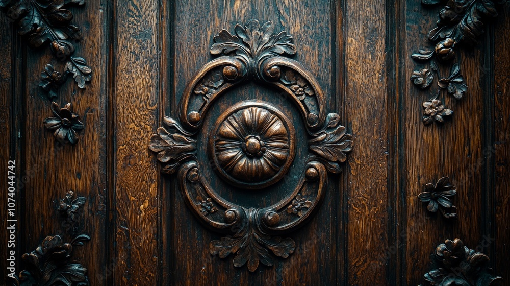 Ornate wooden door with intricate floral carvings and a central medallion.