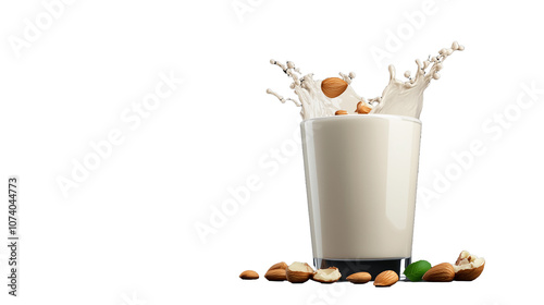 Milk splash with almonds on transparent background photo