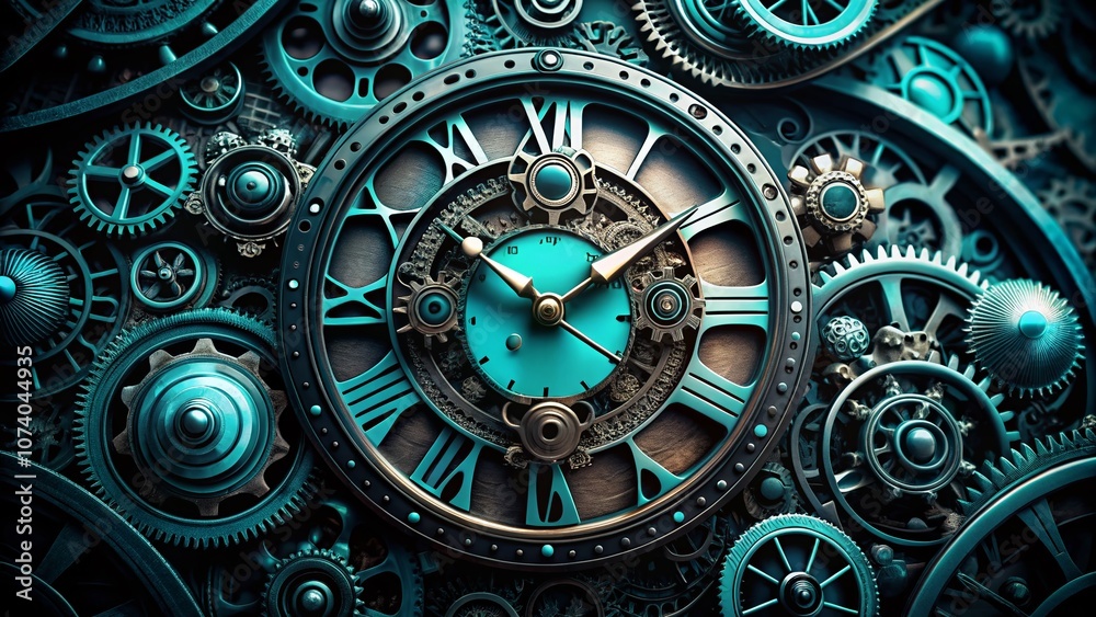 Black Clock Surrounded by Teal Gears on a Dark Background: A Stunning Macro Photography Composition Capturing the Intricate Mechanics of Timekeeping in a Striking Color Contrast Black Clock Surrounded by Teal Gears on a Dark Background: A Stunning Macro Photography Composition Capturing the Intricate Mechanics of Timekeeping in a Striking Color Contrast
