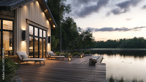 Modern farmhouse style home on lake, wooden deck with large windows and beige color scheme, overlooking the water at dusk, black vertical sconces along side of house