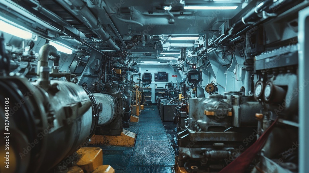 Fototapeta premium A narrow, industrial corridor lined with large, industrial machinery and equipment.