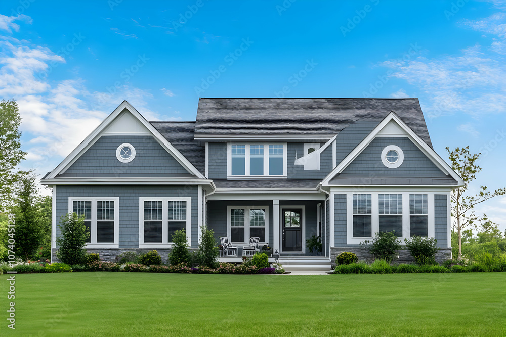 Neighborhood Real Estate Image - A modern, two-story home with a well-maintained lawn and landscaped surroundings. Neighborhood Real Estate Image - A modern, two-story home with a well-maintained lawn and landscaped surroundings.