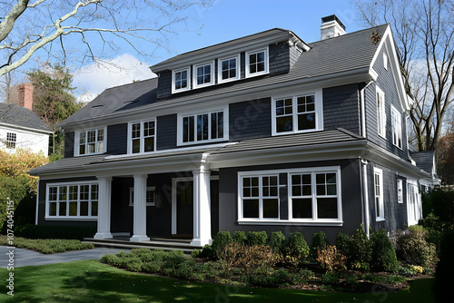 Neighborhood Real Estate Image - A modern, elegant house with a well-maintained lawn and landscaping.