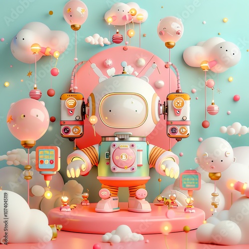 A whimsical robot astronaut surrounded by colorful clouds and playful decorations in a dreamy pastel setting.