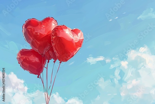 A whimsical scene featuring heart-shaped balloons floating against a bright blue sky, perfect for expressing love and joy.