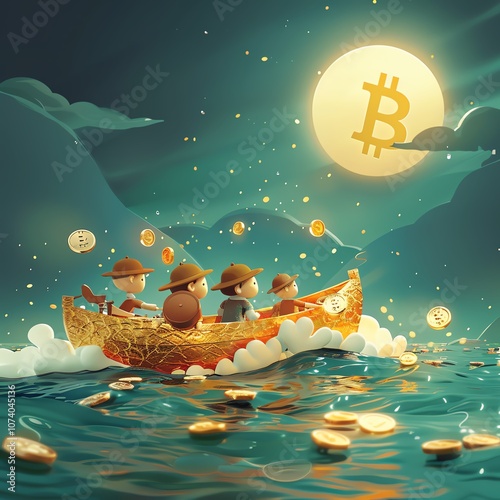 A whimsical scene of explorers in a boat navigating sparkling waters, surrounded by coins under a bright moonlit sky.