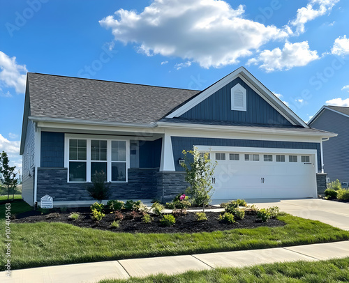 Neighborhood Real Estate Image - A modern blue house with a landscaped yard and driveway under a clear sky.