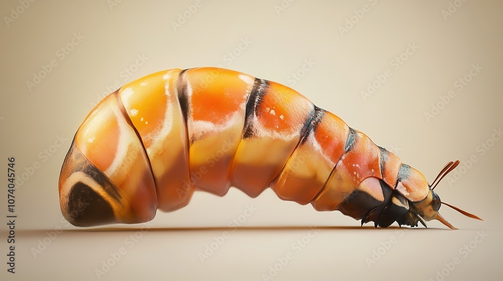 A realistic image of a butterfly pupa, showcasing its intricate, detailed texture and natural colors. The pupa is positioned in a lifelike, close-up shot, highlighting the fine lines, smooth surface, A realistic image of a butterfly pupa, showcasing its intricate, detailed texture and natural colors. The pupa is positioned in a lifelike, close-up shot, highlighting the fine lines, smooth surface,