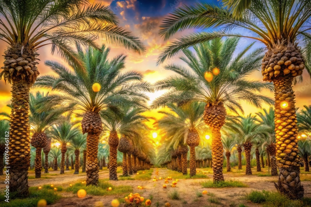 Breathtaking Bokeh Effect of Dates Oasis in Garmeh, Showcasing Lush Date Palms and Sunlit Desert Landscape for a Serene Nature Escape