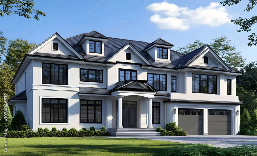 Neighborhood Real Estate Image - A modern, spacious house with a landscaped yard and double garage. Neighborhood Real Estate Image - A modern, spacious house with a landscaped yard and double garage.