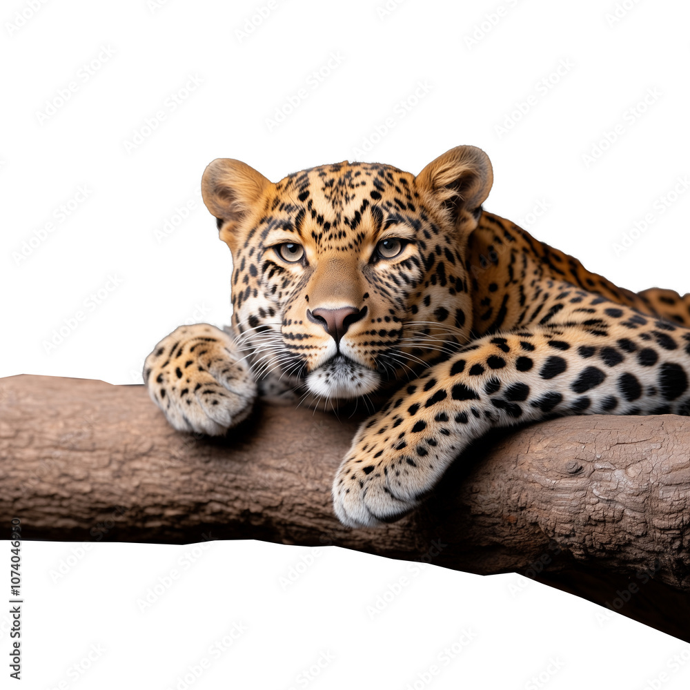 Fototapeta premium Leopard lying on tree branch on transparent background