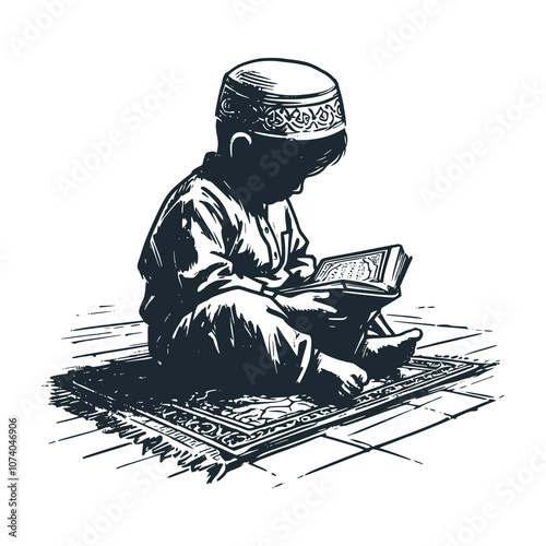 Little boy reading the Quran. Black white vector illustration.
