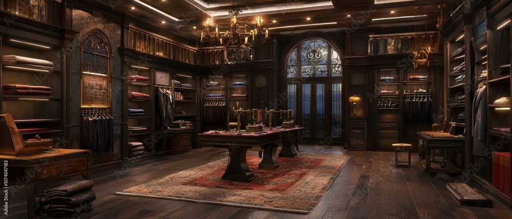 Luxurious Interior of a Dark Wood and Gold Clothing Boutique Luxurious Interior of a Dark Wood and Gold Clothing Boutique
