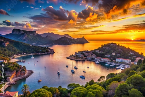 Breathtaking Panoramic Silhouette of Port de Soller Bay at Sunset with Vibrant Colors and Dramatic Clouds Over the Mediterranean Coastline in Mallorca, Spain photo