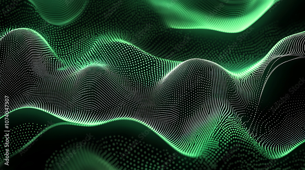 Fototapeta premium Green abstract background with gradient dots and wavy lines gradient halftone pattern