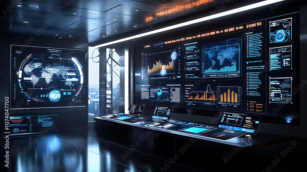 High-tech display showcasing data analysis and information diagrams, with wind turbines in the background, symbolizing renewable energy and sustainable technology High-tech display showcasing data analysis and information diagrams, with wind turbines in the background, symbolizing renewable energy and sustainable technology