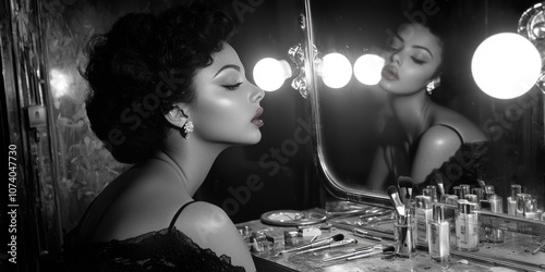 Woman in Black Dress Looking at Her Reflection in a Vanity Mirror photo