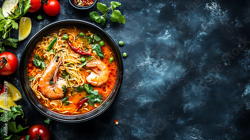 Instant Ramen Noodles in Spicy Tom Yum Kung Shrimp Soup, Asian Style Food