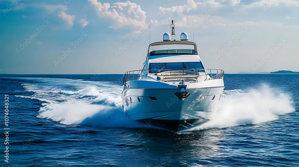 Naklejka premium Luxury motor yacht cruising in the sea with white exterior