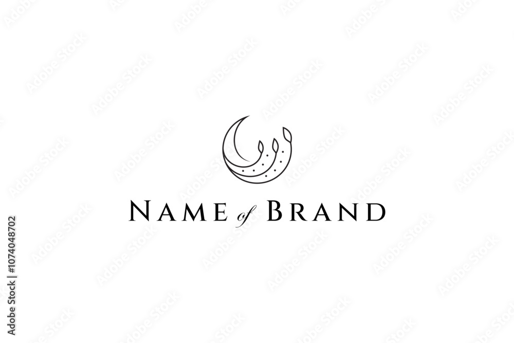 crescent moon logo with combination of leaf plants in minimalist line art design style